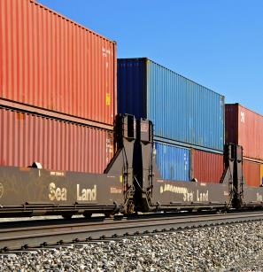 Railroad train freight container carriers, Palm Springs, California : Stock Photo